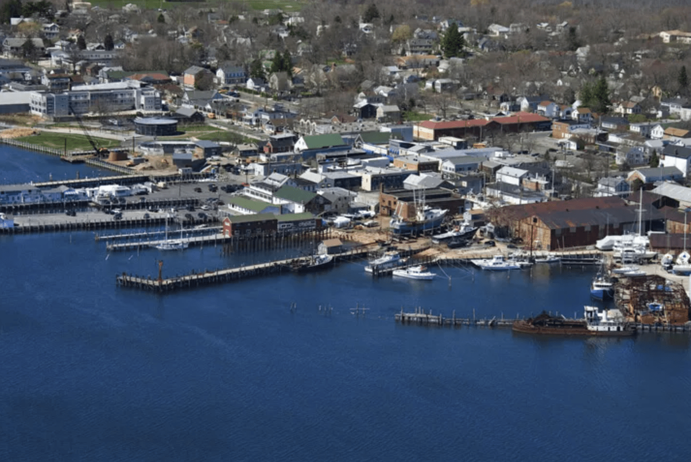 An aerial view of the Village of Greenport